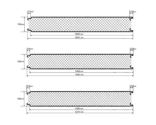 Акустическая стеновая сэндвич-панель из минеральной ваты, ширина 1000 мм, толщина 150 мм, 0.5/0.5, RAL7035