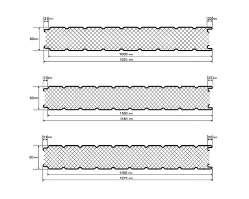 Сэндвич-панель для холодильных камер из пенополиуретана, ширина 1000 мм, толщина 80 мм, 0.5/0.5, RAL7035