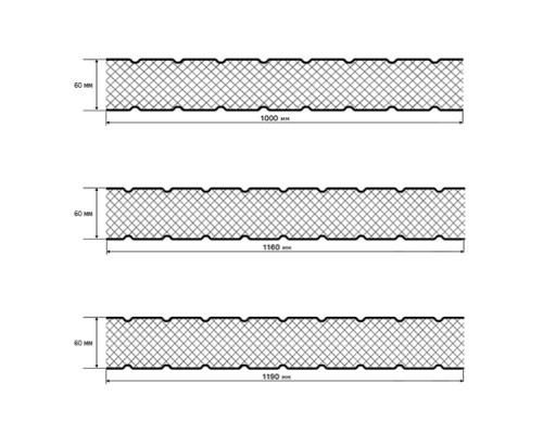 Сэндвич-панели без замков из пенополиизоцианурата, ширина 1000 мм, толщина 60 мм, 0.5/0.5, RAL9002